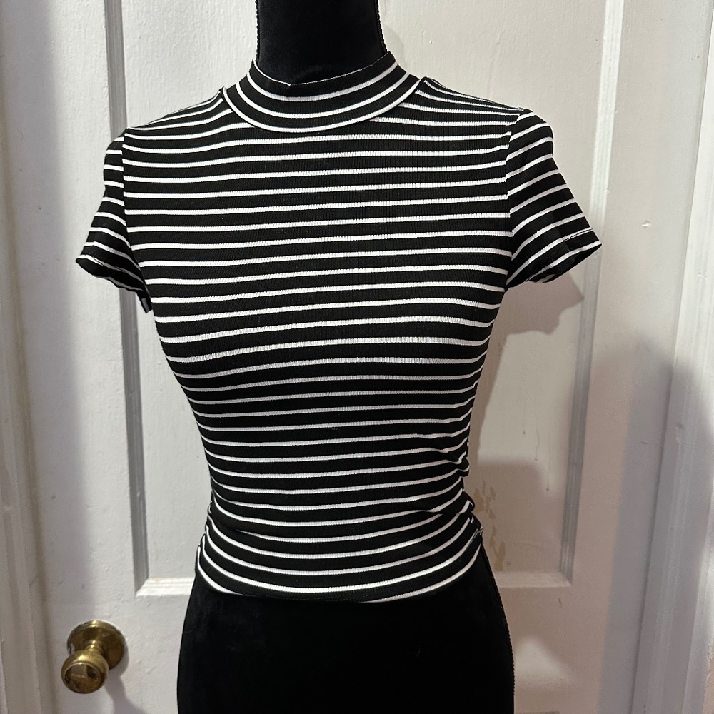SHEIN Black and White Striped Crop Turtleneck Short Sleeve Top in S
